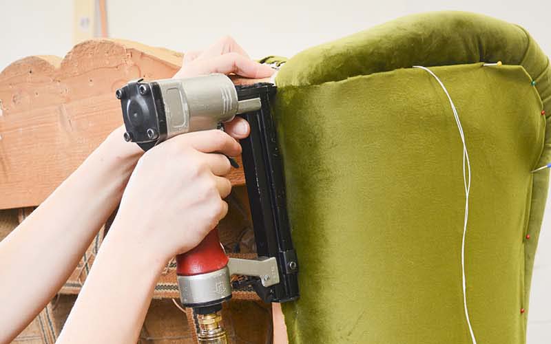 Making,New,Upholstery,On,Old,Armchair.,Green,Velvet,Fabric.,Restoration